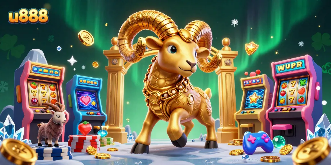 Experience the thrill of u888 gaming with a golden ram charging at jackpots and vibrant casino elements.