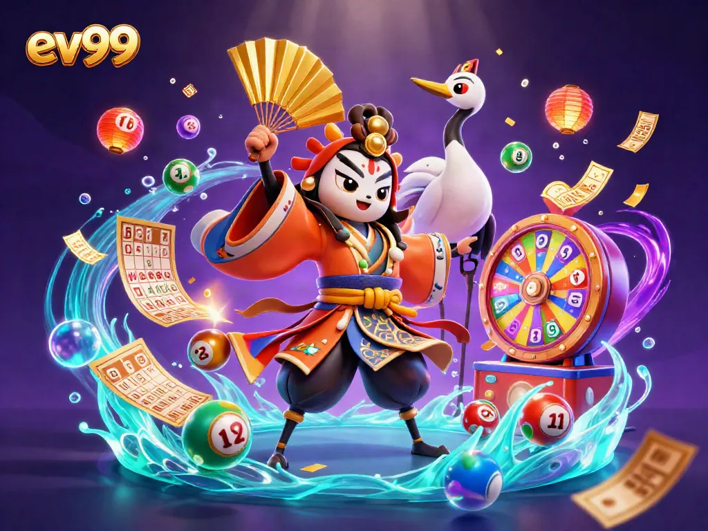 Experience the vibrant energy of ev99 with a dynamic 3D casino scene featuring colorful lottery balls and rich details.