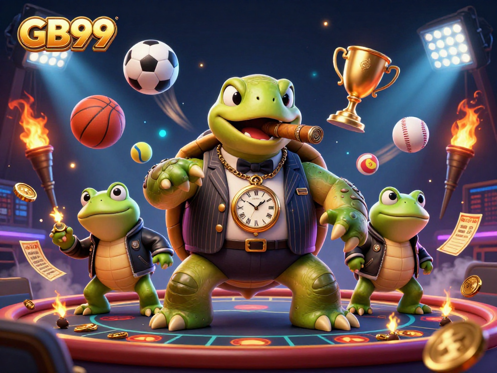 Win big with GB99 in a vibrant casino scene featuring a mobster turtle and frog enforcers.