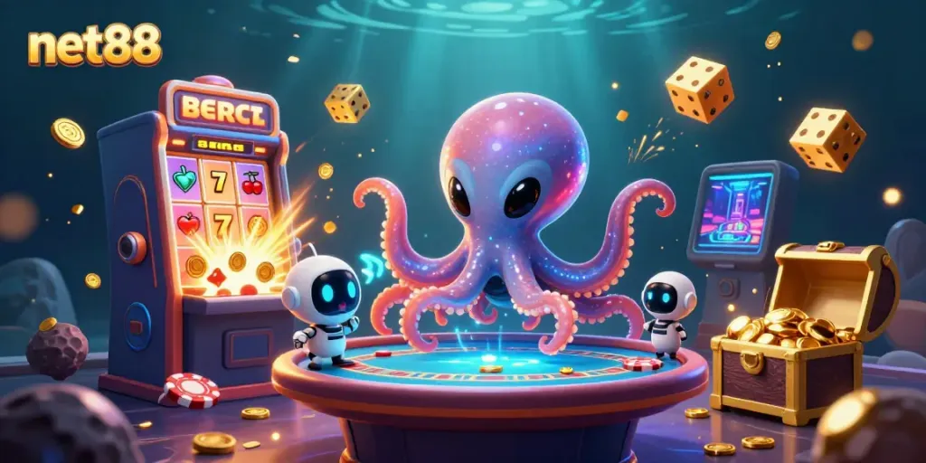 Experience thrilling casino action at net88 with animated alien octopus and vibrant gaming elements.
