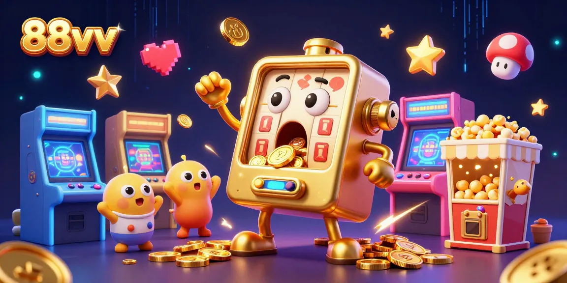 88vv slot machine hitting a jackpot and pouring coins, surrounded by arcade gaming action.