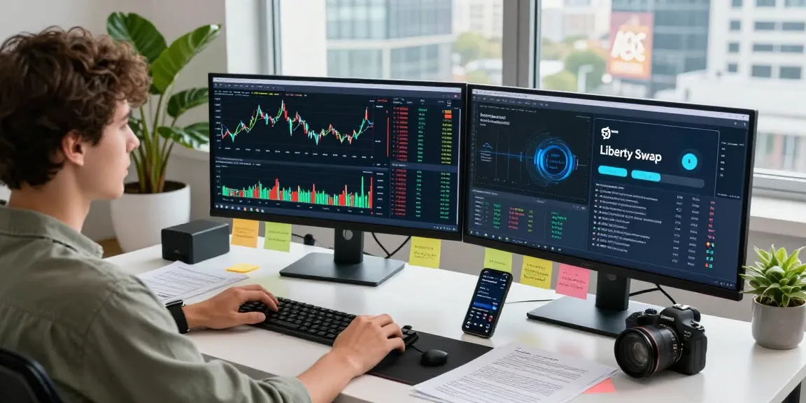 LibertySwap trading environment showcasing a user engaged in dynamic cryptocurrency exchanges with real-time market analysis.