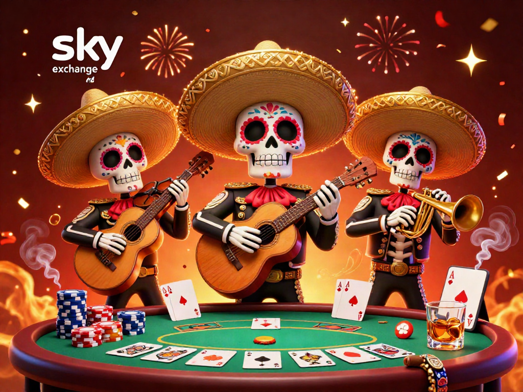 Experience the thrill of placing bets with the sky exchange new id, showcased in a lively mariachi scene filled with poker elements.