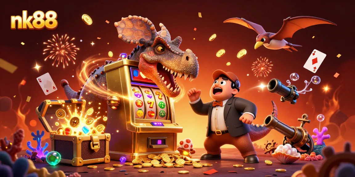 nk88 features a cartoon dinosaur winning jackpots at a vibrant casino scene filled with colorful elements.