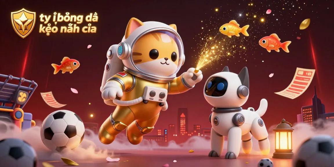 Engage with tỷ lệ bóng đá kèo nhà cái through a vibrant sports betting scene featuring an astronaut cat and a robot dog.