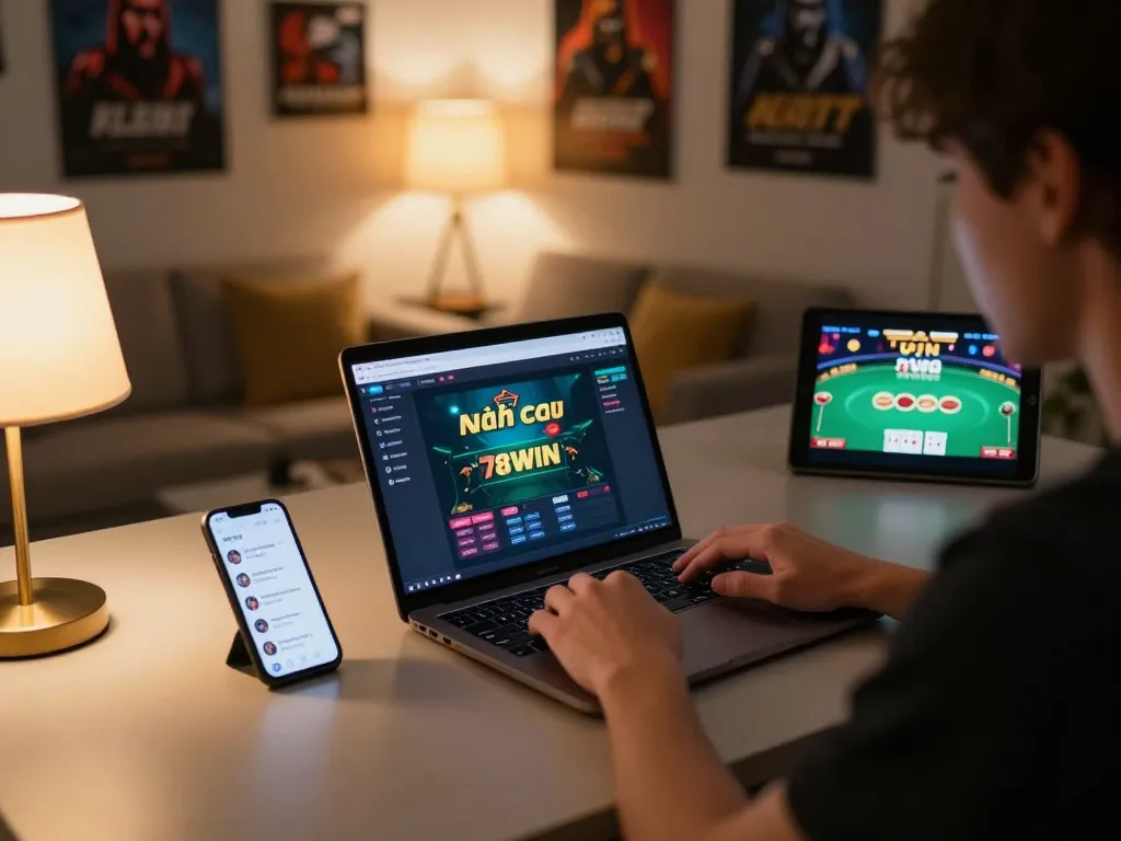 Engaging in online betting at Nhà cái 78WIN with a laptop and smartphone in a cozy home setting