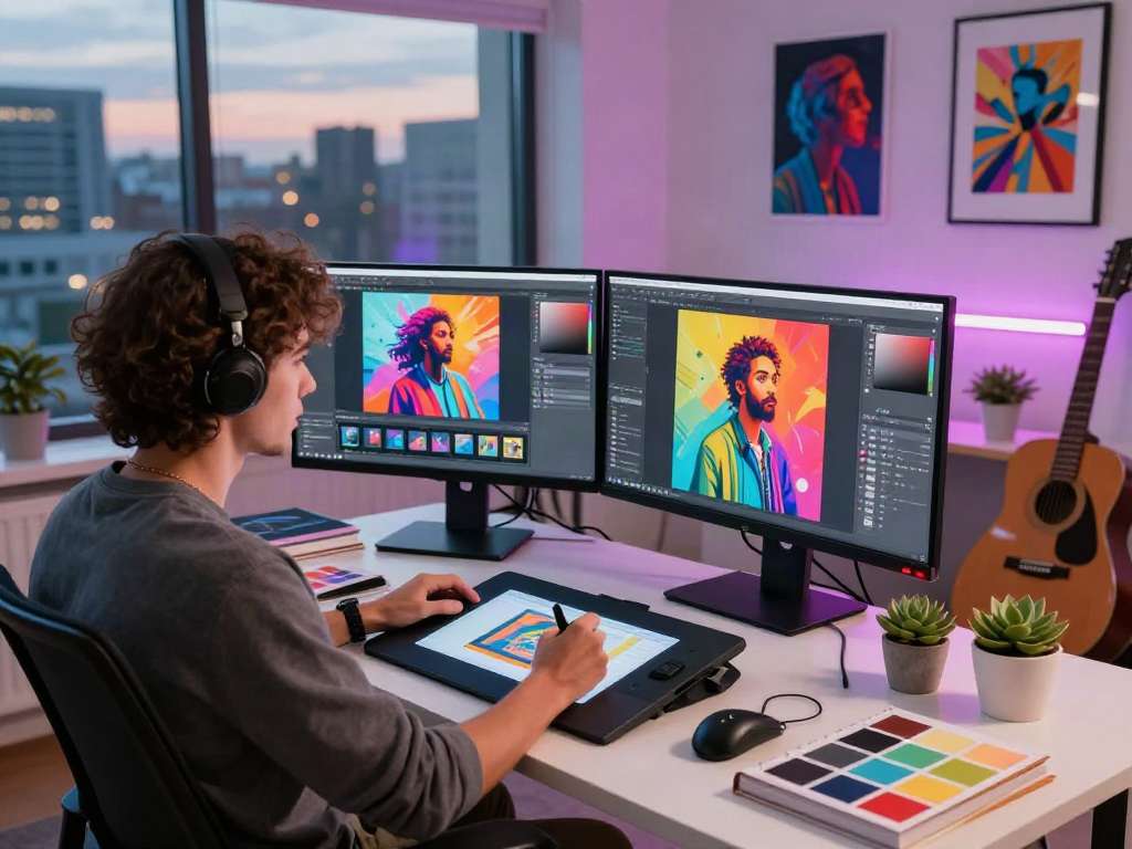Digital artist using an ai image editor in a vibrant creative studio.