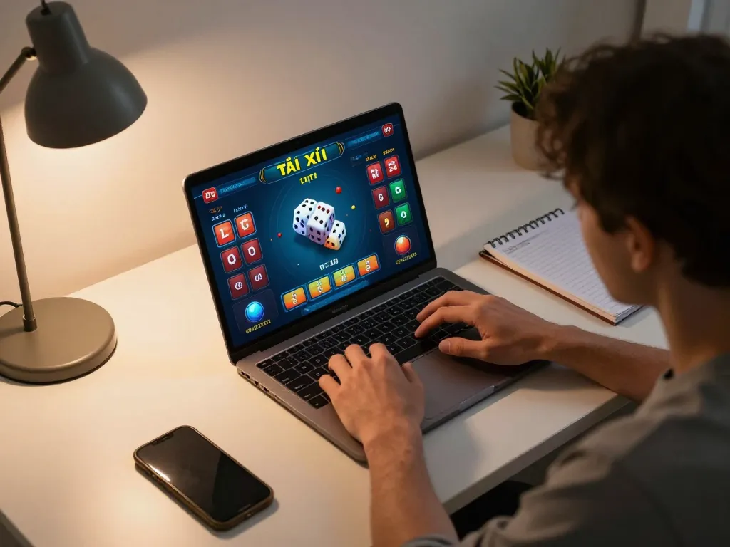 Tài xỉu online gameplay on laptop in a cozy home office, showcasing strategic betting and vibrant gaming interface.