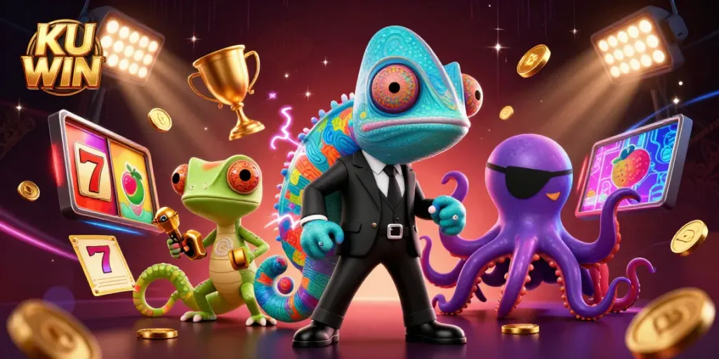 Engage with the thrilling world of KU WIN, featuring a secret agent chameleon and casino symbols.