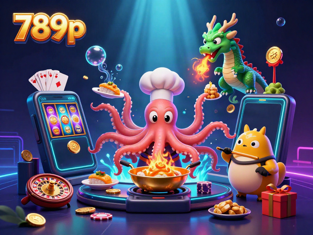 Engage in high-stakes gaming with 789p, where an octopus chef creates golden dishes amid casino excitement.
