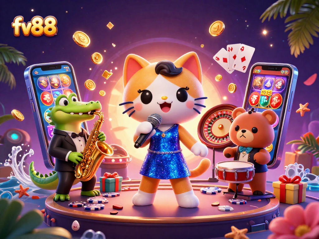 Engage with fv88 as a vibrant cat vocalist and friends entertain at a lively casino.