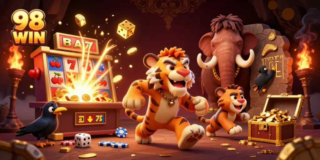 Experience thrill with 98 WIN as a cartoon duo takes you through a vibrant casino scene.