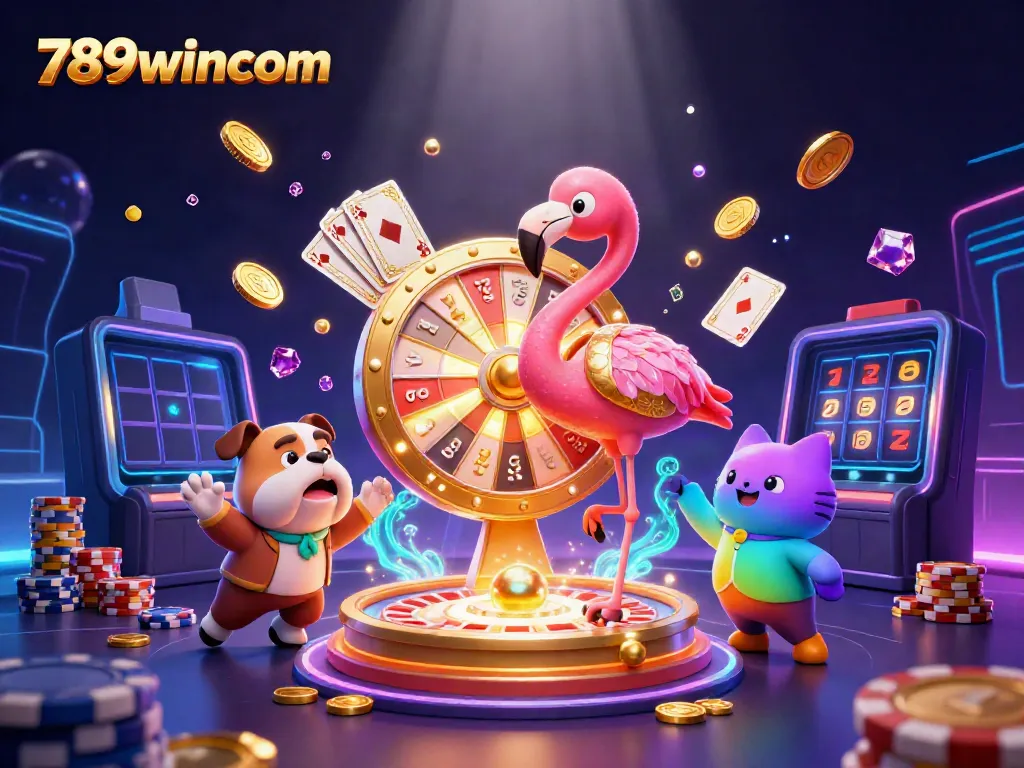 Engaging scene with characters showcasing the excitement in 789wincom, featuring a colorful prize wheel and gaming elements.