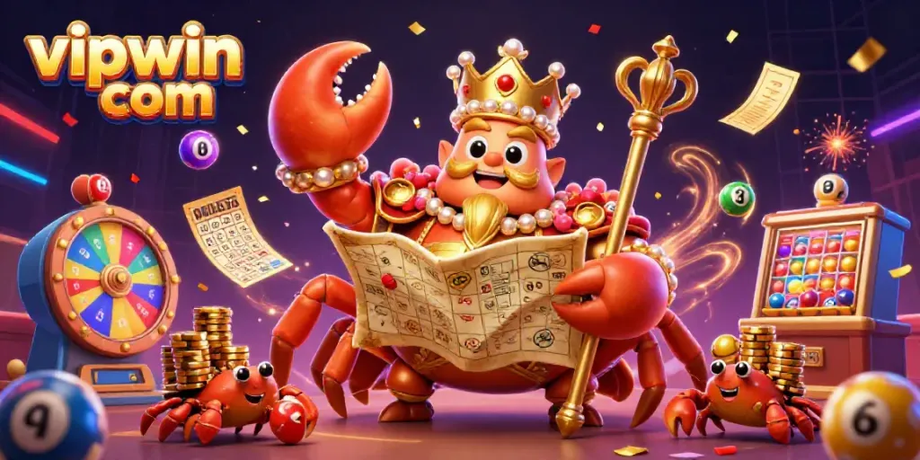 Engage with thrilling lottery vibes at vipwin com featuring a colorful scene of a golden crab emperor and vibrant gaming elements.