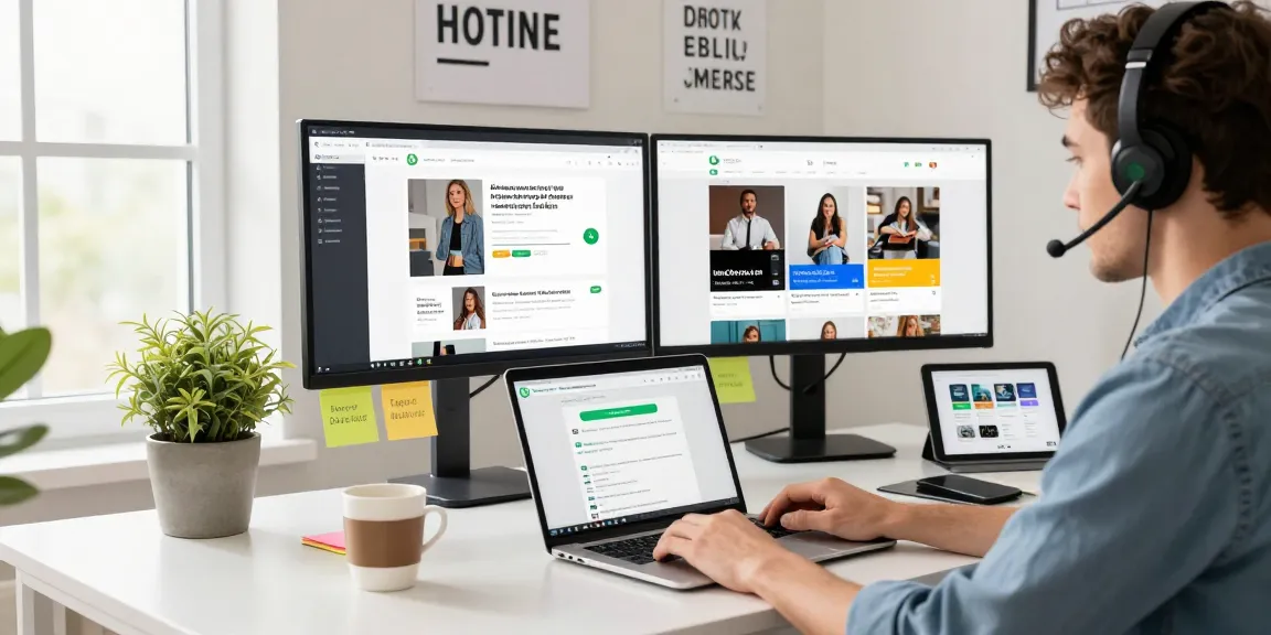 Modern workspace with WhatsApp網頁版 on a laptop showing productivity tools and vibrant office atmosphere.