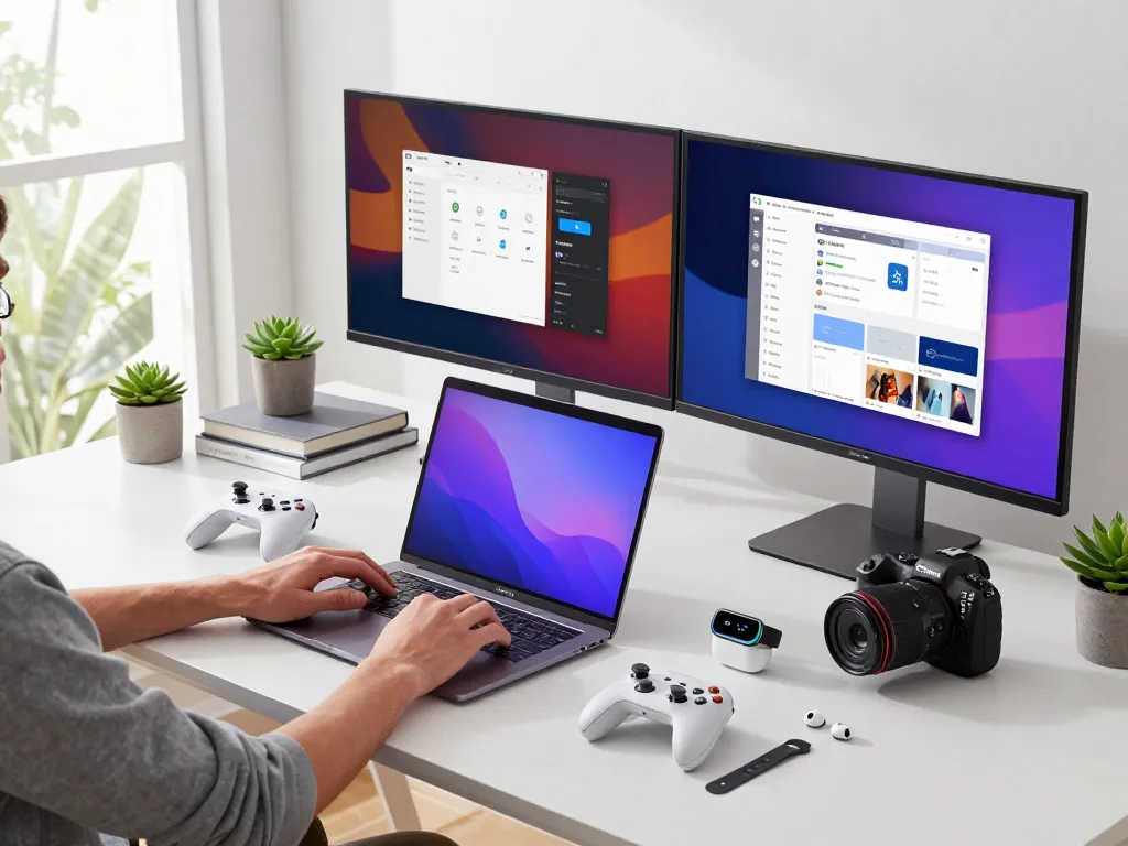Enthusiastic tech user interacting with must have tech gadgets in a sleek workspace.