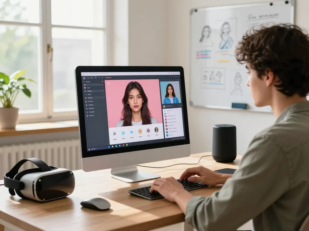 Individual customizing their AI gf in a modern home office, showcasing innovative technology and creative character design.
