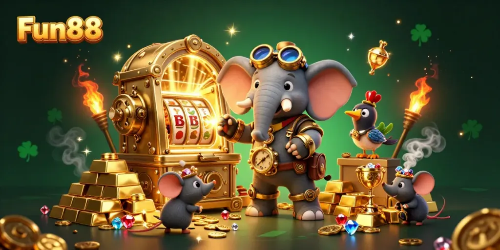 Spin the reels at Fun88's vibrant casino, featuring a mechanical elephant and golden treasures.