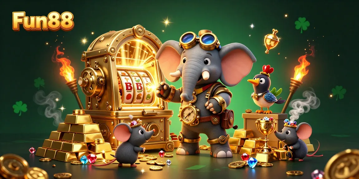 Spin the reels at Fun88's vibrant casino, featuring a mechanical elephant and golden treasures.