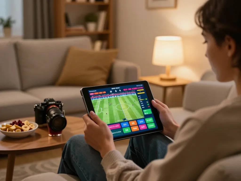 Engaged user placing bets on football at home using keonhacaii for real-time odds.