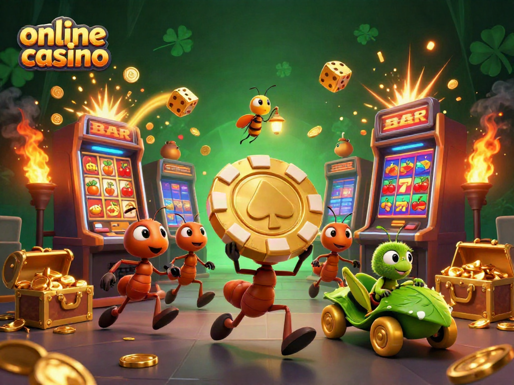 Ants heist with a massive poker chip and casino elements, illustrating online casino excitement.