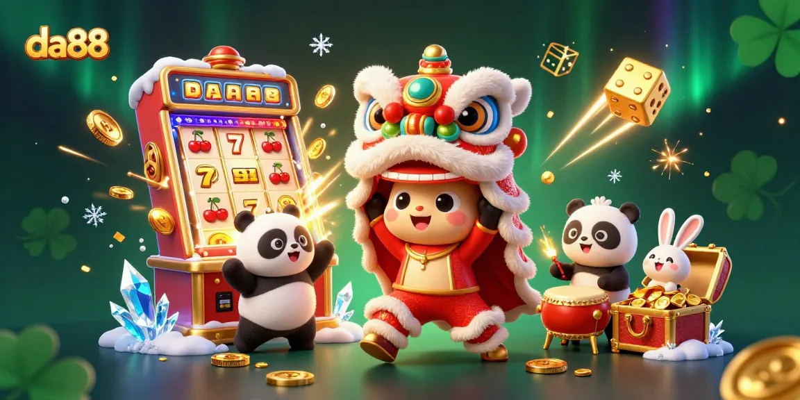 Experience the excitement of da88 with a vibrant casino scene featuring a lion dance and slot machine action.