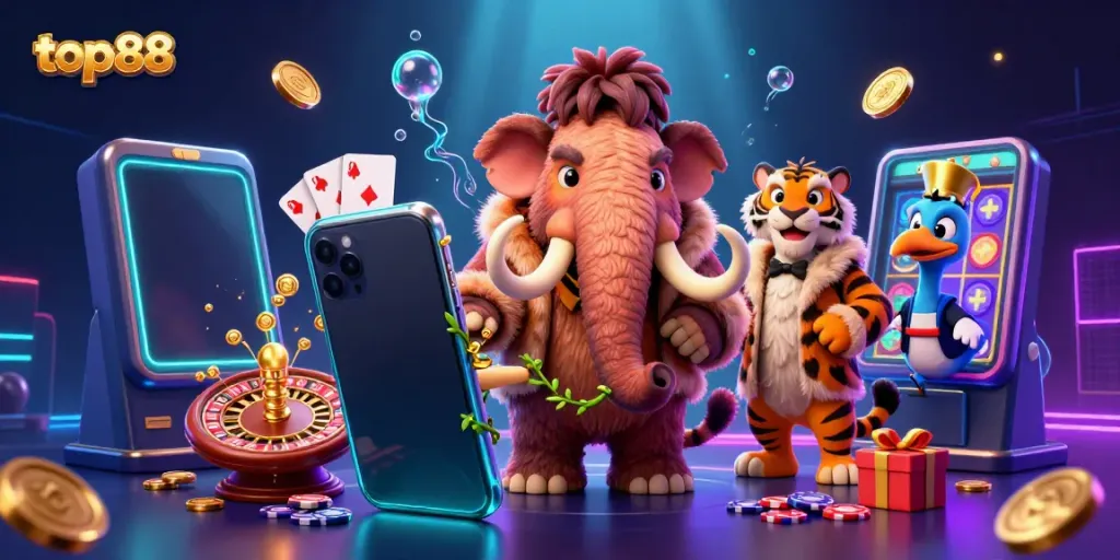 Engage with top88 slot gaming as a woolly mammoth bouncer welcomes VIP guests in a vibrant casino scene.