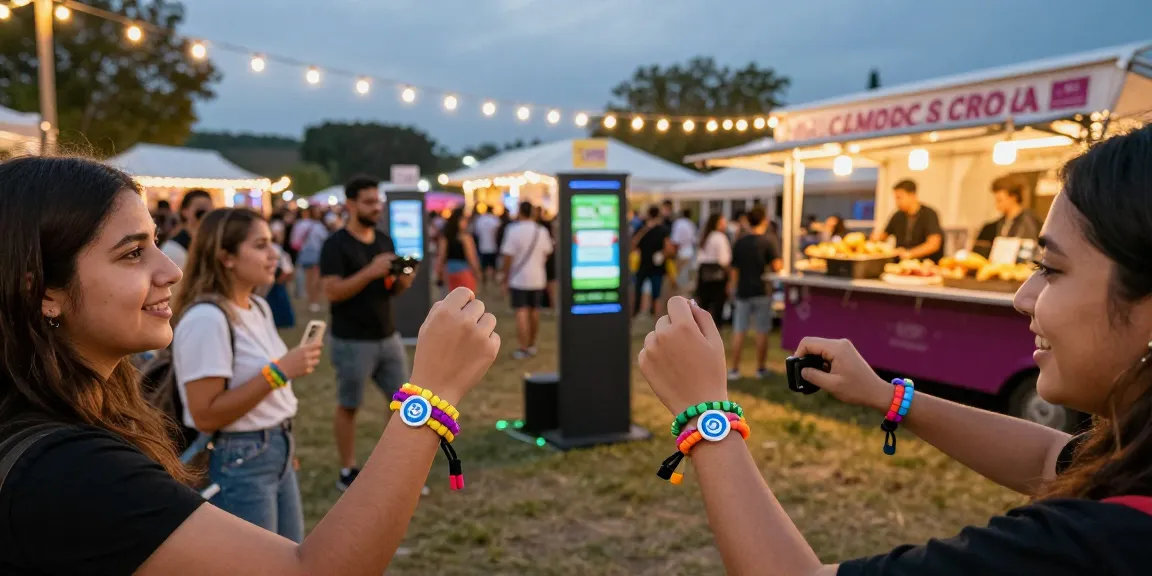Exciting festival scene with attendees wearing pulseras NFC para festivales, enjoying music and food with a vibrant atmosphere.