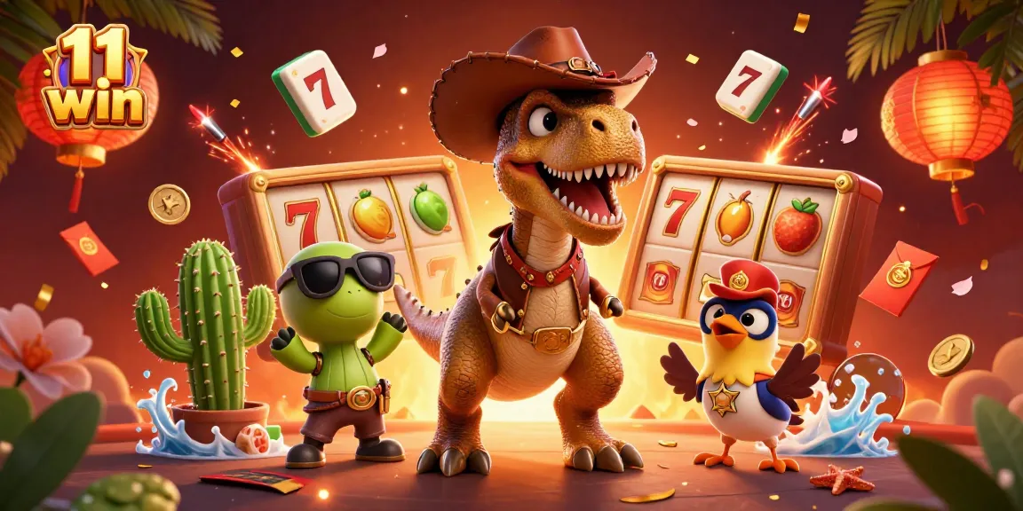 Experience a vibrant gambling adventure with 11 win, featuring a cowboy T-Rex, cactus sidekick, and roadrunner.