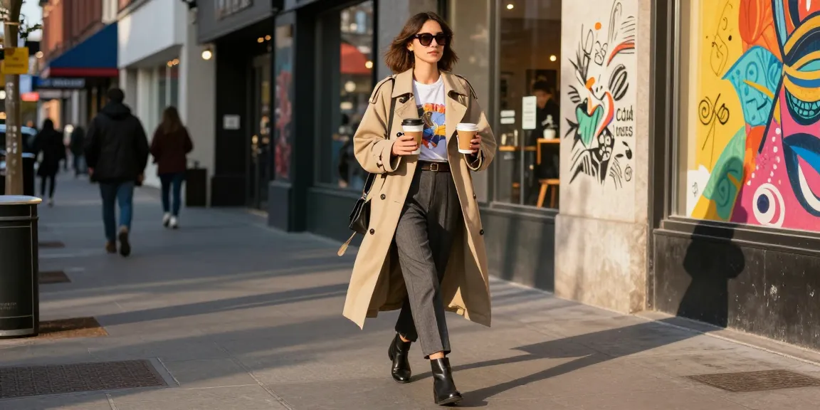 Fashion blog scene featuring a stylish urban woman in a trench coat, confidently strolling with a coffee cup.