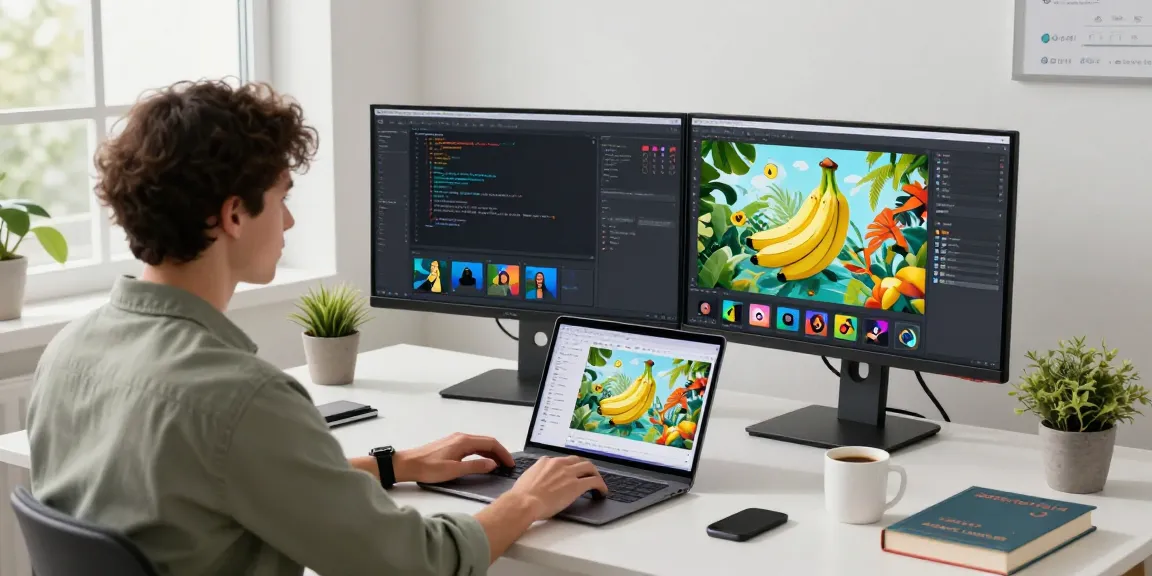 Developer using the nano banana AI image editor on dual monitors in a modern workspace, showcasing vibrant AI-generated images.
