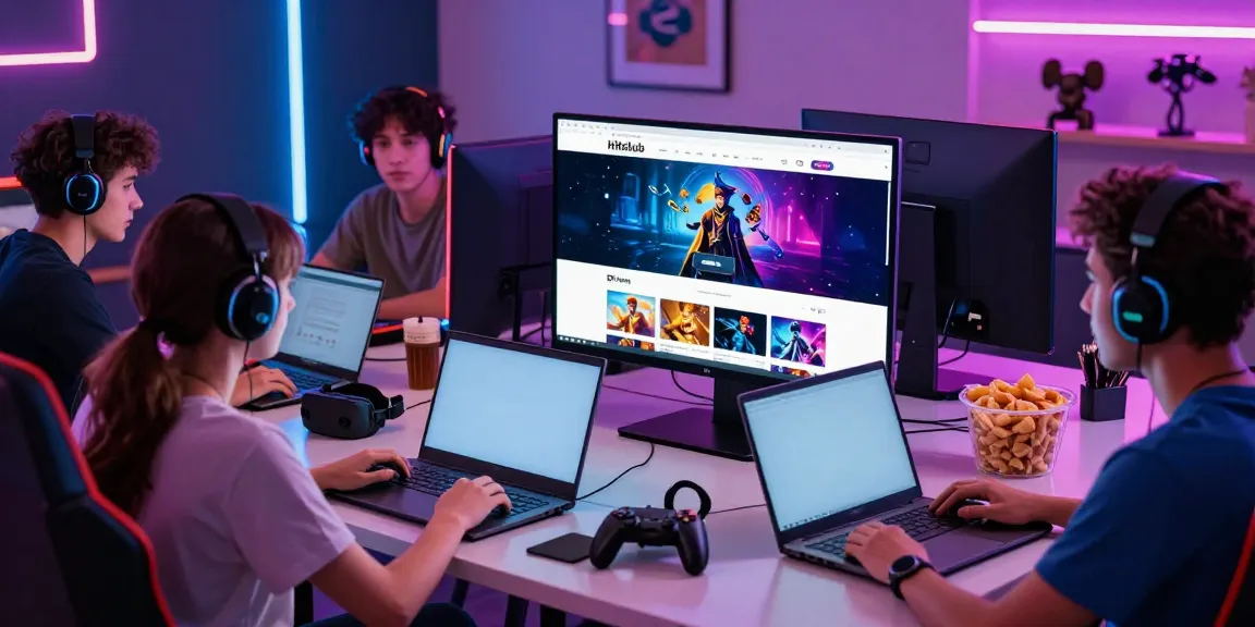 Friends enjoying gaming experiences on Hitclub platform with vibrant setup.