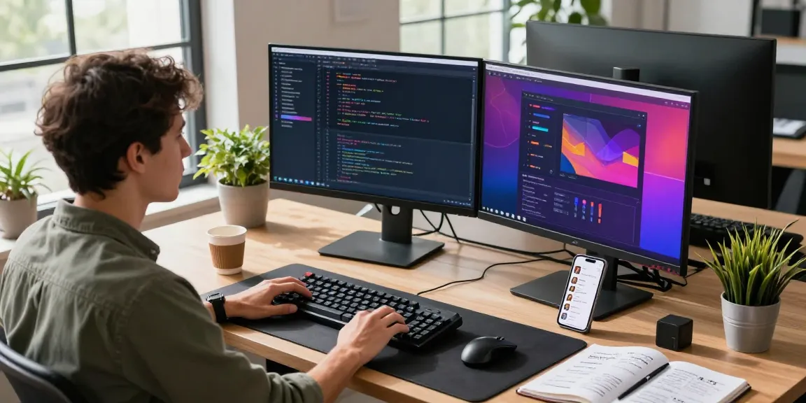 快连 software developer coding in a modern workspace with dual monitors and vibrant interface, showcasing productivity.