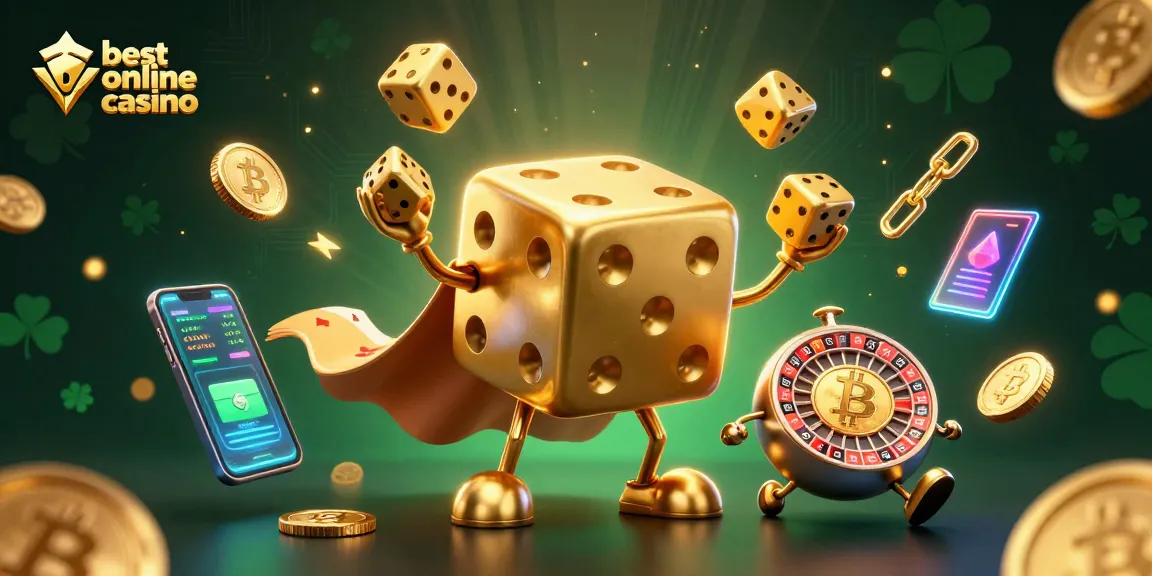 Experience excitement at the best online casino with our vibrant 3D scene showcasing golden dice and crypto elements.