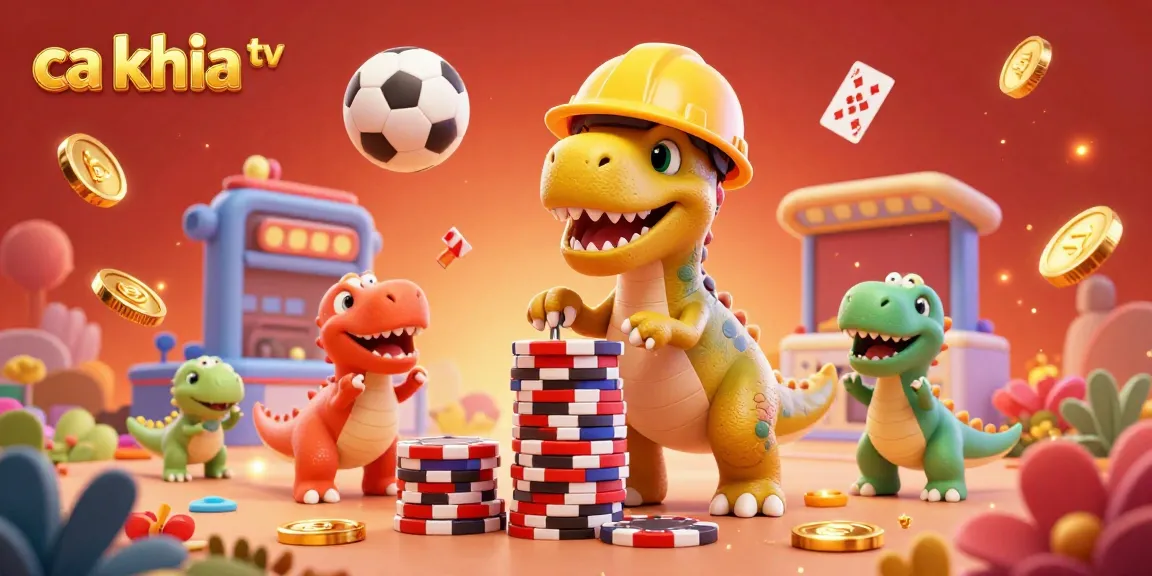 Watch exciting sports betting action on ca khia tv as lively dinosaurs celebrate wins with thrilling casino elements.