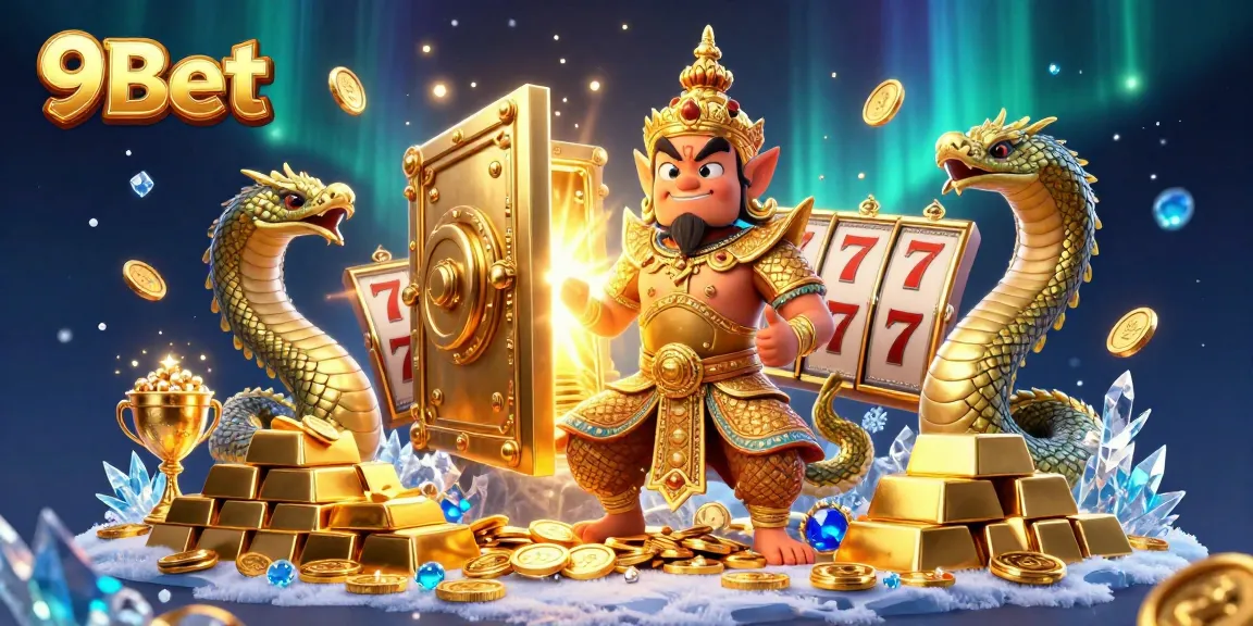 Win big with 9Bet in this vibrant 3D casino illustration featuring exciting slots and treasures.