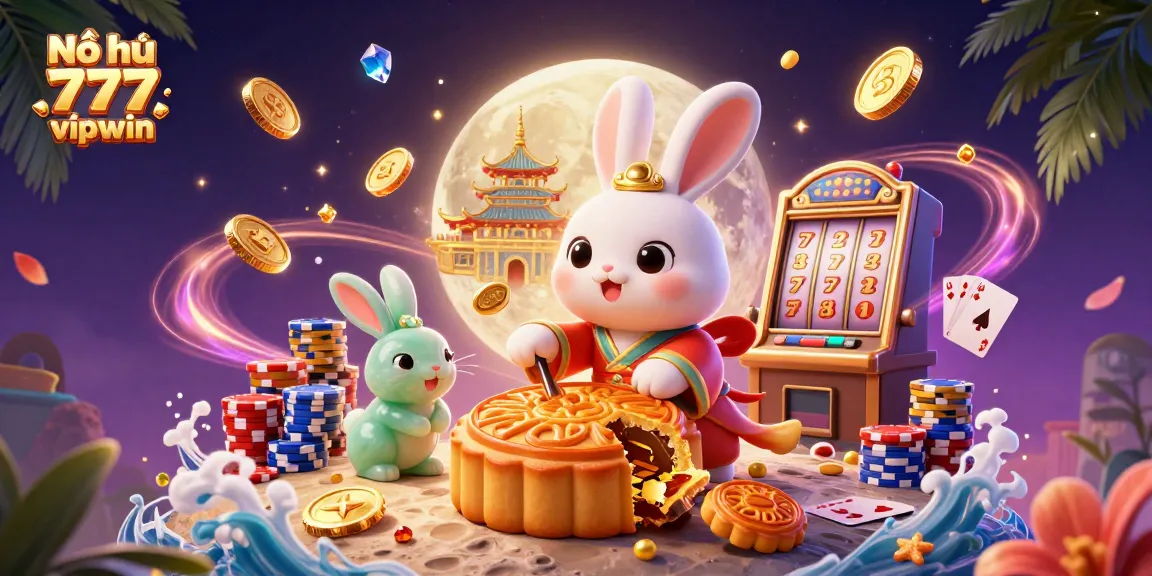 Nổ hũ 777 vipwin celebrates wins with a vibrant 3D illustration featuring a moon rabbit, slot machine elements, and golden coins.