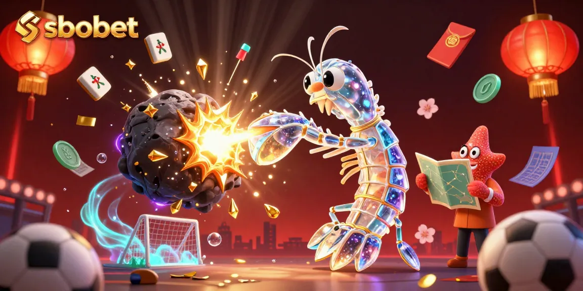 SBOBET sports betting illustration showing a mantis shrimp and starfish amidst football elements and vibrant decor.