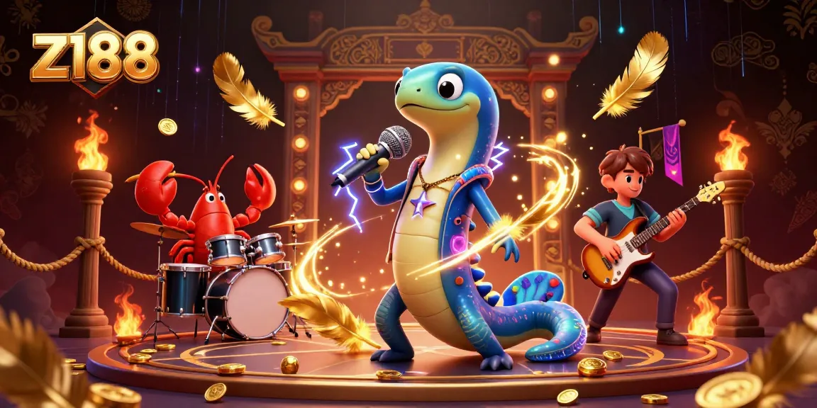 Z188 casino vivid scene with an electric eel DJ, drummer lobster, and guitarist seahorse performing with vibrant game elements.