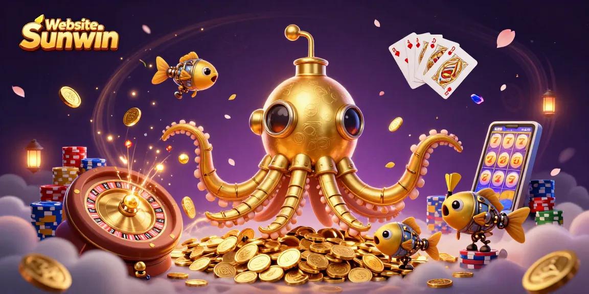 Engage with the thrilling world of Website Sunwin, featuring a golden kraken submarine amidst vibrant casino elements.