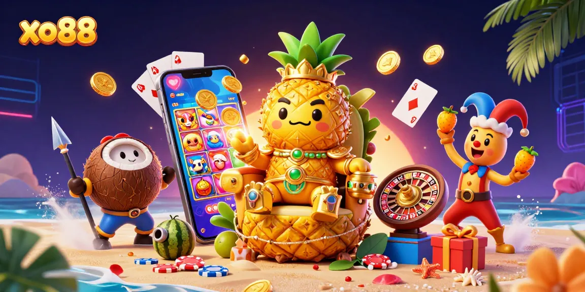 Experience the vibrant world of xo88 with a golden pineapple king and his gaming companions in a lively beach casino