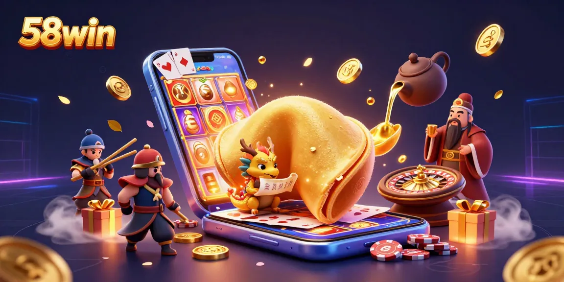 Spin and win big with 58win's immersive casino experience, featuring exciting games and vibrant artwork.