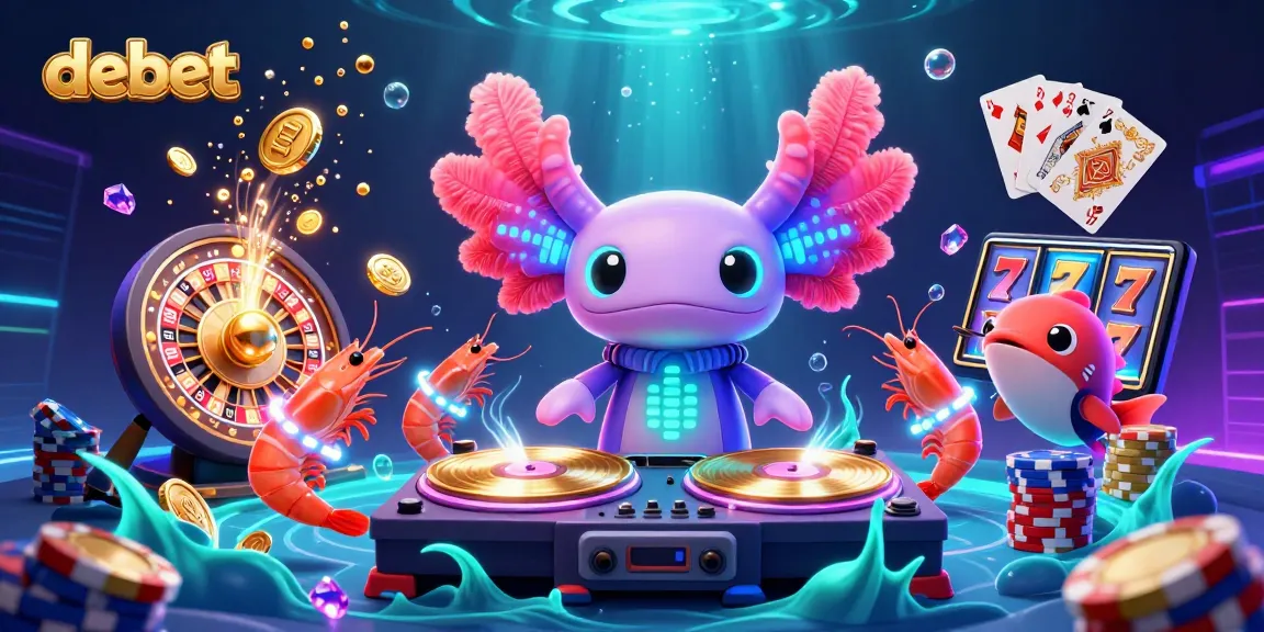 Experience the vibrant debet casino scene featuring a neon-colored axolotl DJ and dazzling gambling elements.