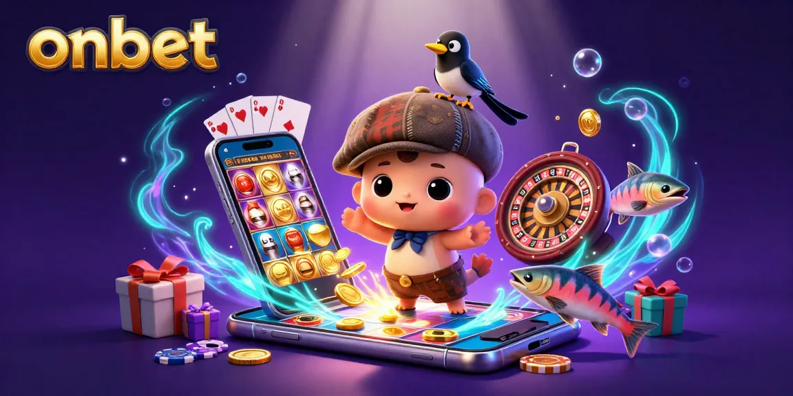 Engage with onbet's lively casino experience through a vibrant illustration of games and characters.