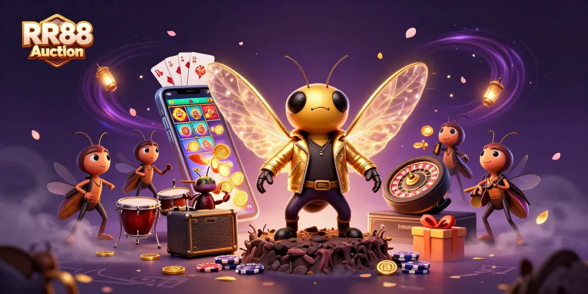 Engaging RR88 Auction promotional scene with a rock star cicada, dynamic games elements, and vibrant casino atmosphere.