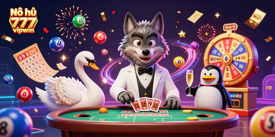 Nổ hũ 777 vipwin gameplay scene with animated characters and colorful lottery elements.