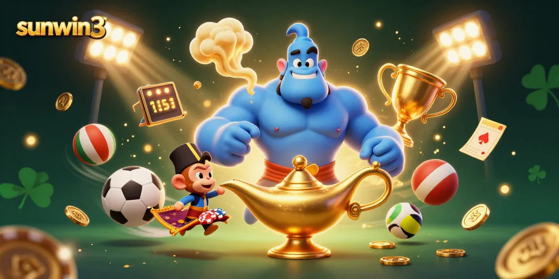 Win big with sunwin3 featuring a blue genie, monkey, and poker chips in a dynamic casino scene.