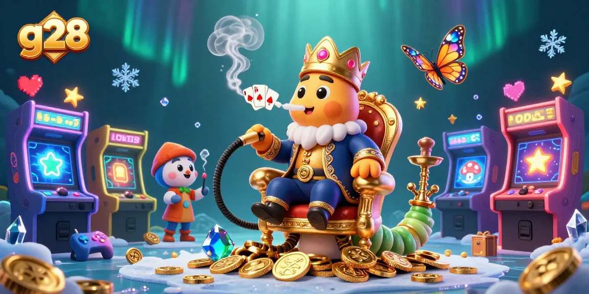 Reveal the g28 challenge in this vibrant casino scene with a playful caterpillar and arcade chaos.