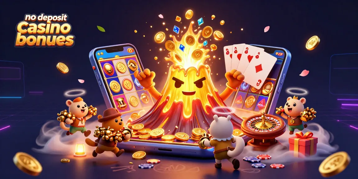 No deposit casino bonuses illustrated with an erupting golden volcano, coins, and animated characters.