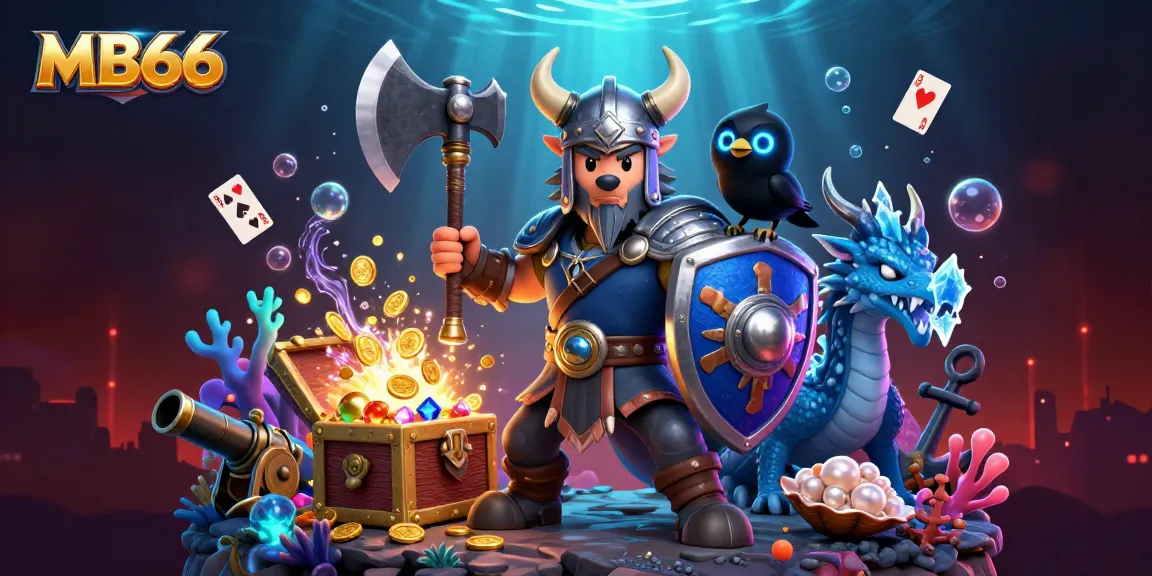 Experience the thrilling world of MB66 casino with a vibrant dragon, wolf warrior, and treasure chest